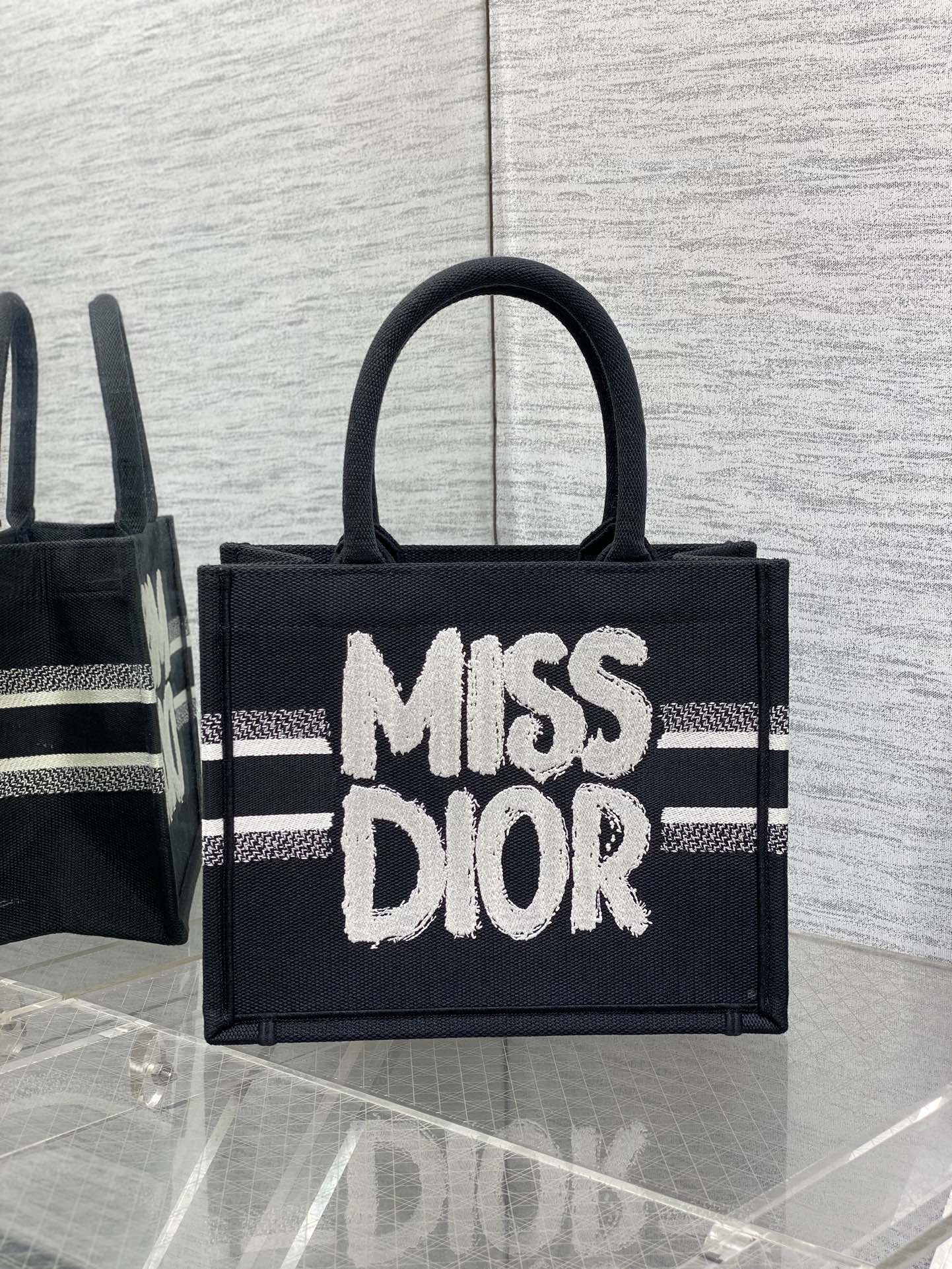 Small Dior Book Tote Bag Black and White Miss Dior Graffiti Embroidery